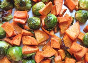 Sweet potatoes and brussel sprouts.